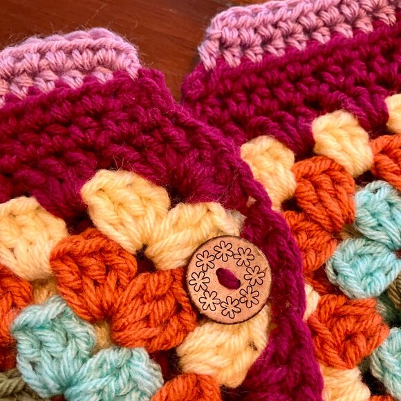 Cardigan Sweater Multicolor Handmade Crochet with 2 Buttons Large - Picture 8 of 9